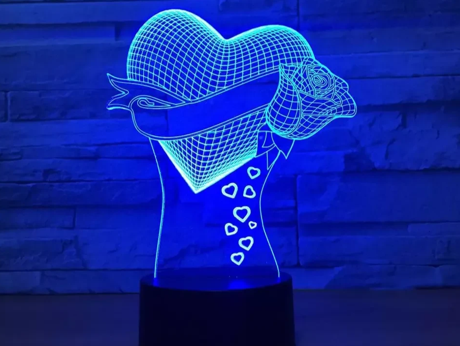 Lámpara Corazón 3D LED con Rosa – Acrílico RGB